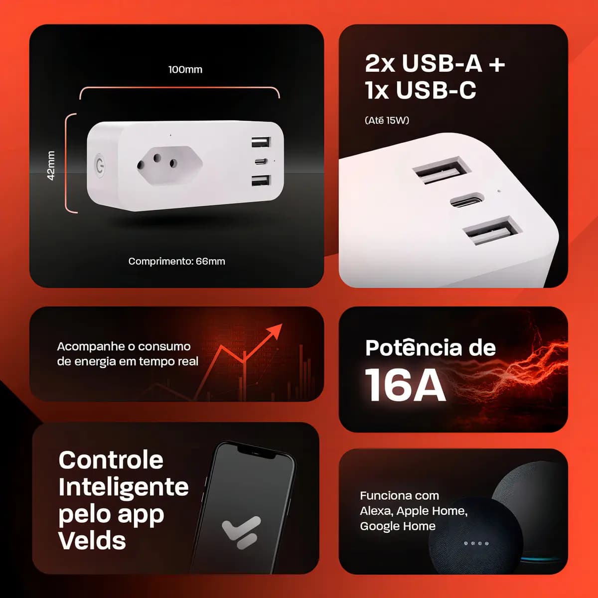 Tomada Inteligente Wifi 10A Velds, c/ 3 Portas USB, Controle por App e Medidor de Consumo, Bivolt — imagem 6