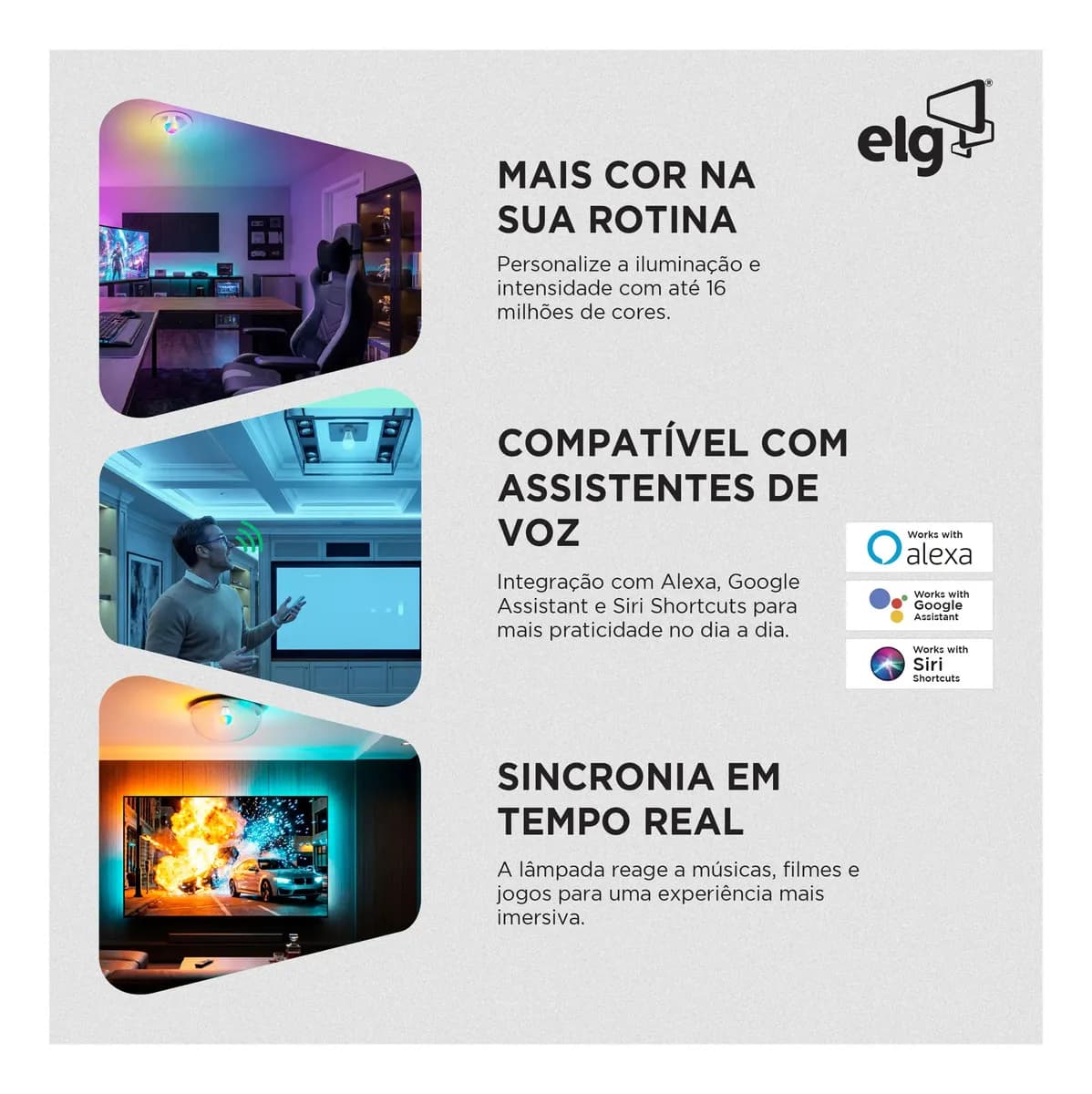 Lâmpada Inteligente de LED ELG SHLL100 10W Dimerizável, Compatível com WI-FI, Bluetooth, Comando de Voz, Soquete E26/E27, 16 Milhões de Cores RGB — imagem 3