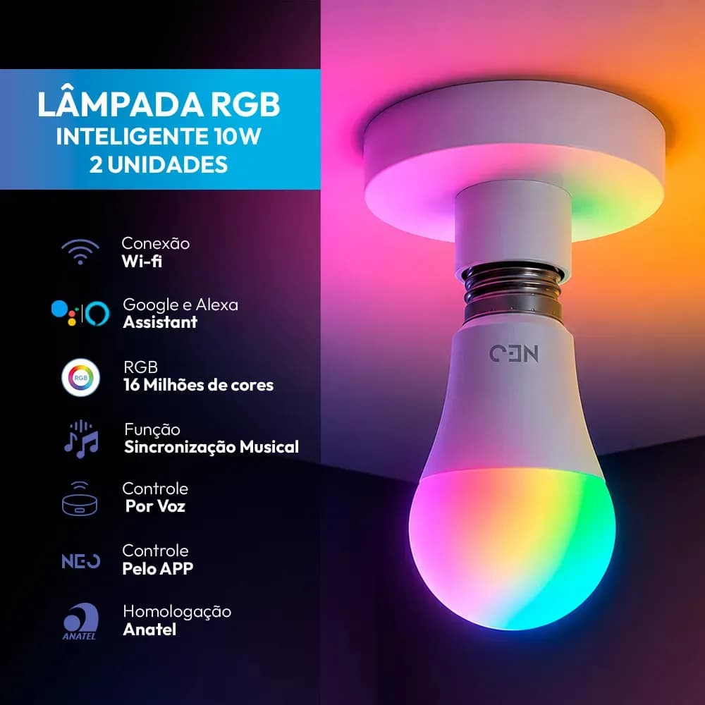 Kit 2 Lampadas Led Pera Smart Inteligente Wi Fi 2.4ghz Alexa Google 10w Rgb 2700k/6500k Branco Quente/neutro/frio E27 Cod: 290028177-2 Avant Neo