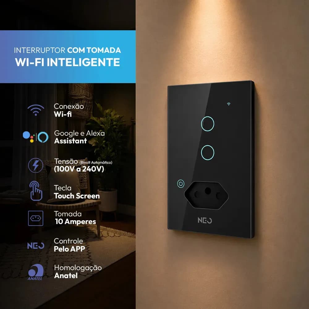 Interruptor Inteligente Smart Wifi Alexa Google 2 Botões Tomada 4x2 Bivolt Preto Neo